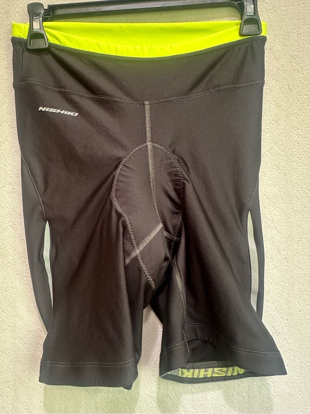 Nishiki Women's Padded Black Cycling Shorts with Neon Yellow Waistband Sz M
